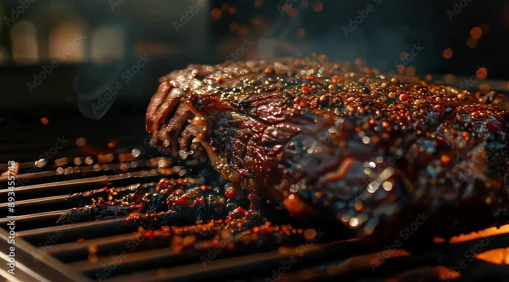 A brisket sizzling on a backyard grill, generously coated with seasonings, surrounded by wafts of smoke and dancing fire particles, creating an inviting atmosphere. A brisket sizzling on a backyard grill, generously coated with seasonings, surrounded by wafts of smoke and dancing fire particles, creating an inviting atmosphere.
