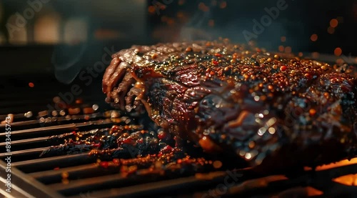 A brisket sizzling on a backyard grill, generously coated with seasonings, surrounded by wafts of smoke and dancing fire particles, creating an inviting atmosphere.