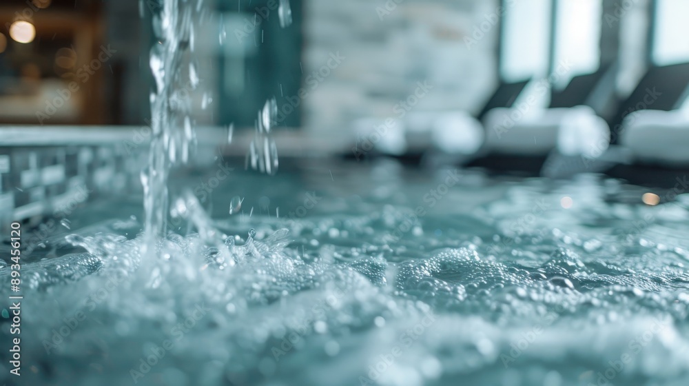 A scene featuring water flowing into an indoor pool with bubbling water, set in a chic and luxurious environment, designed for ultimate relaxation and serenity. A scene featuring water flowing into an indoor pool with bubbling water, set in a chic and luxurious environment, designed for ultimate relaxation and serenity.