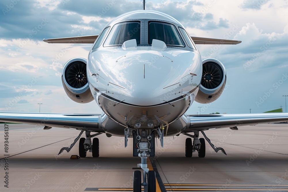 Close-up of business jet parked outside, sleek aircraft design, luxurious exterior Close-up of business jet parked outside, sleek aircraft design, luxurious exterior