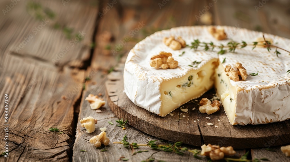 Brie cheese with walnuts, thyme, and rosemary sits on a wooden table, providing copy space. Brie cheese with walnuts, thyme, and rosemary sits on a wooden table, providing copy space.