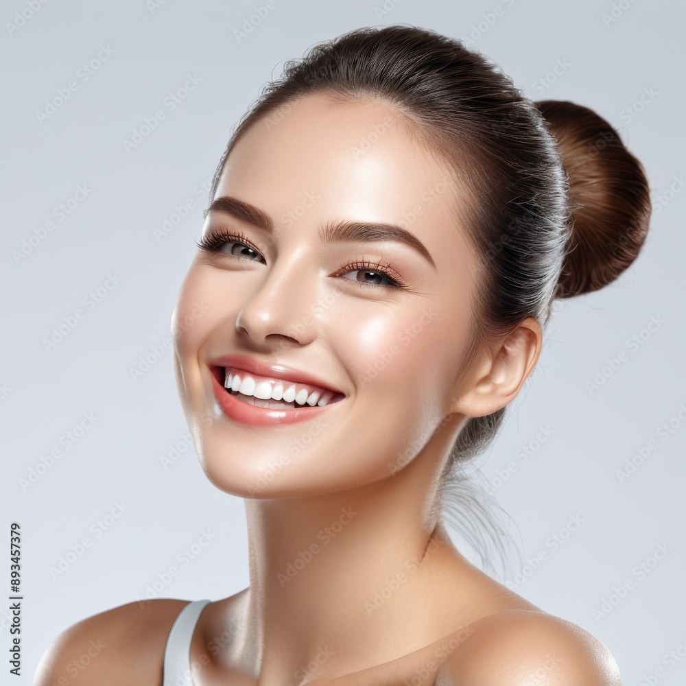 Obraz premium Photo portrait of a smiling young beautiful woman with clean glowing skin for advertising cosmetics, medicine, healthy lifestyle, makeup, beauty salon.