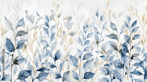 Elegant Watercolor Botanical Seamless Pattern with Blue and Gold Leaves