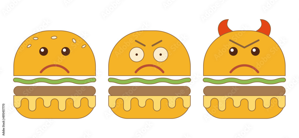 A set of three disgruntled, angry burger emojis. Flat vintage cartoon retro style. For scrapbook design, notepads, stickers, textiles, flyers. Vector illustration on white background. A set of three disgruntled, angry burger emojis. Flat vintage cartoon retro style. For scrapbook design, notepads, stickers, textiles, flyers. Vector illustration on white background.