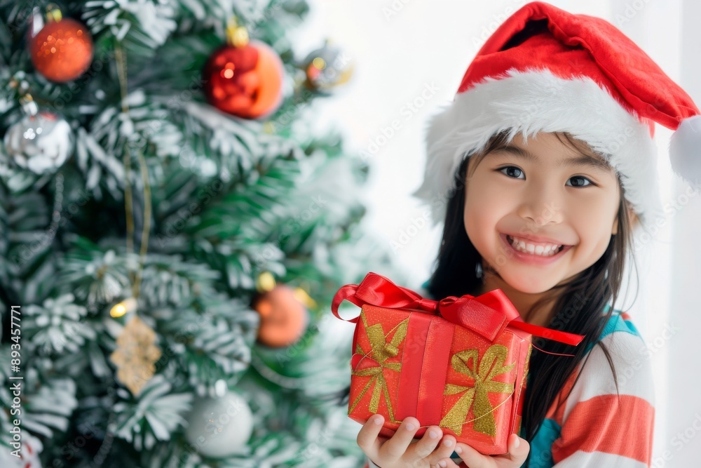 A joyful child in a Santa hat holds a Christmas gift by a decorated tree, representing the warm holiday spirit, filled with joy. Its a time of celebration, togetherness, lights, love, and magic