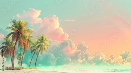Tropical Beach Sunset with Silhouetted Palm Trees and Pastel Sky