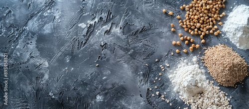 Buckwheat groats and flour laid out on slate with a copy space image showcasing vitamins E and B along with minerals like calcium phosphorus zinc manganese and copper photo