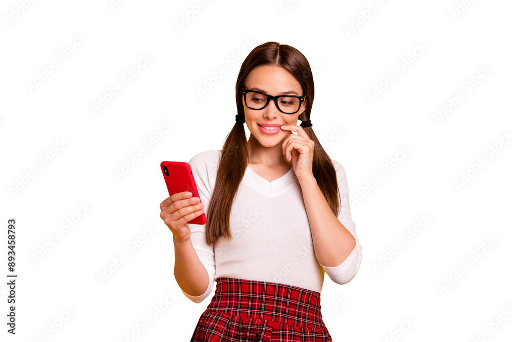 Portrait of her she nice-looking attractive lovely sweet winsome pensive cheerful foxy girl wearing uniform holding in hand cell reading blog post isolated on bright vivid shine yellow background Portrait of her she nice-looking attractive lovely sweet winsome pensive cheerful foxy girl wearing uniform holding in hand cell reading blog post isolated on bright vivid shine yellow background