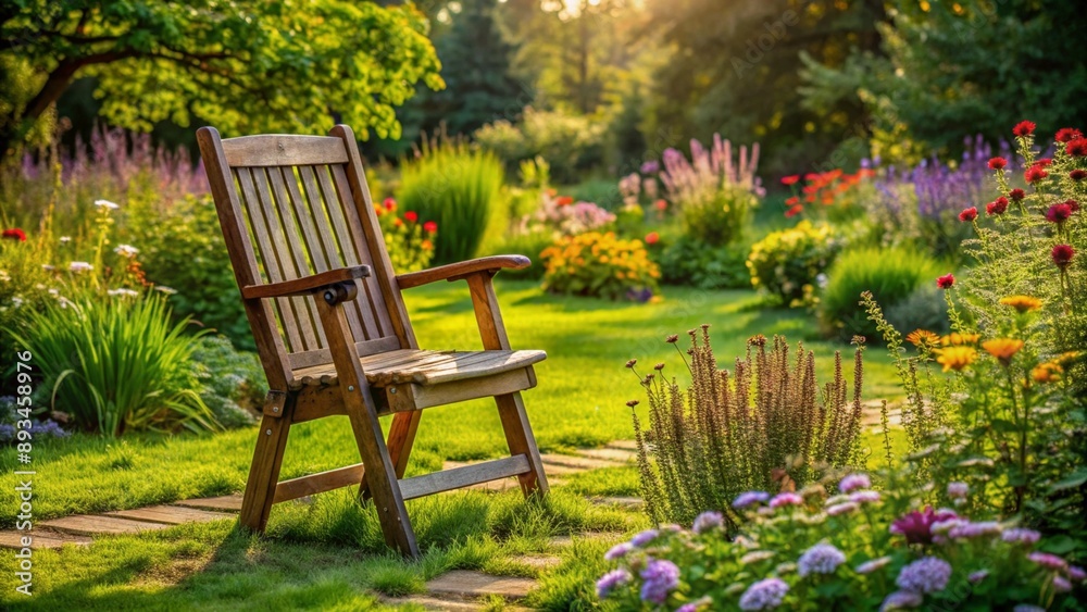 Old wooden chairs in the middle of a garden of grass and wildflowers for relaxing from nature Old wooden chairs in the middle of a garden of grass and wildflowers for relaxing from nature