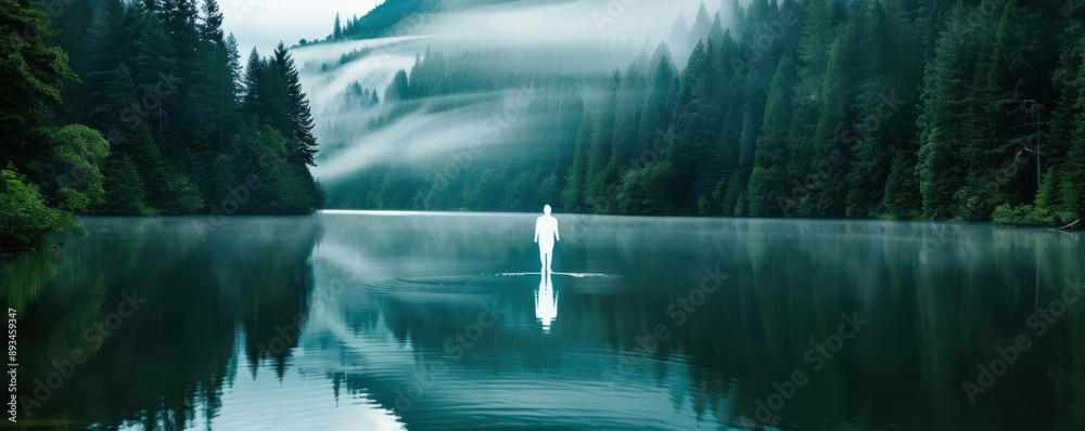 Fototapeta premium A glowing spirit hovers over a serene lake surrounded by trees