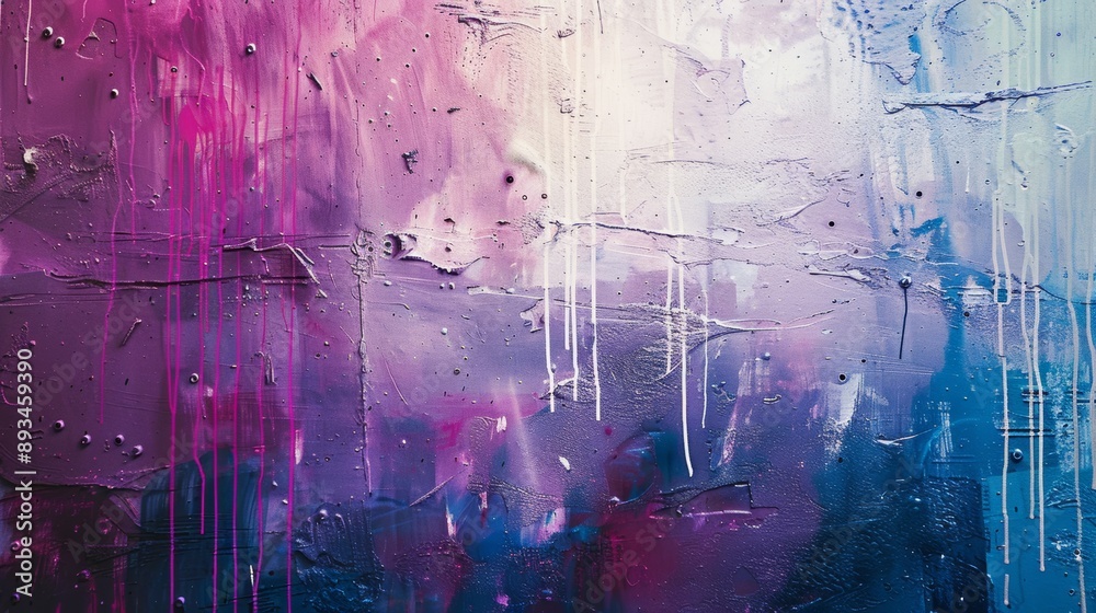 Obraz premium Photo of messy paint streaks and smudges on an old painted wall. Purple, blue, pink, magenta, white drips, streams, streaks of paint and spray paint.