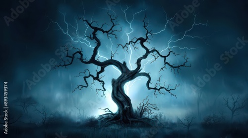 Alarming scene of a dark stormy night with lightning striking a twisted tree