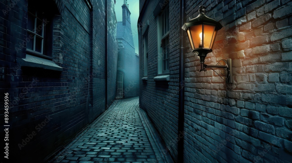 Obraz premium Eerie alleyway with a streetlamp illuminating shadows at night