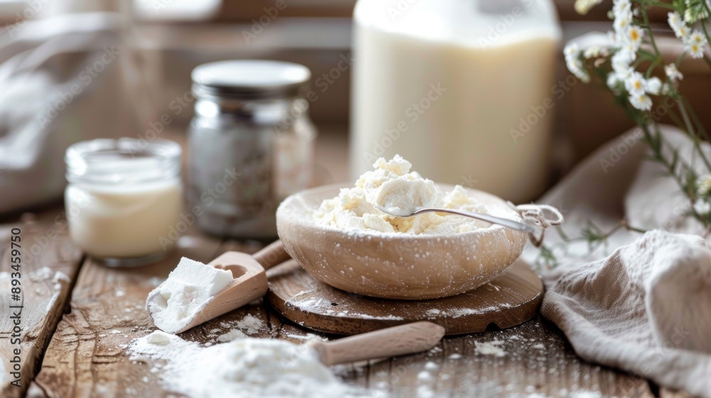 Rustic kitchen setup with baking ingredients Rustic kitchen setup with baking ingredients