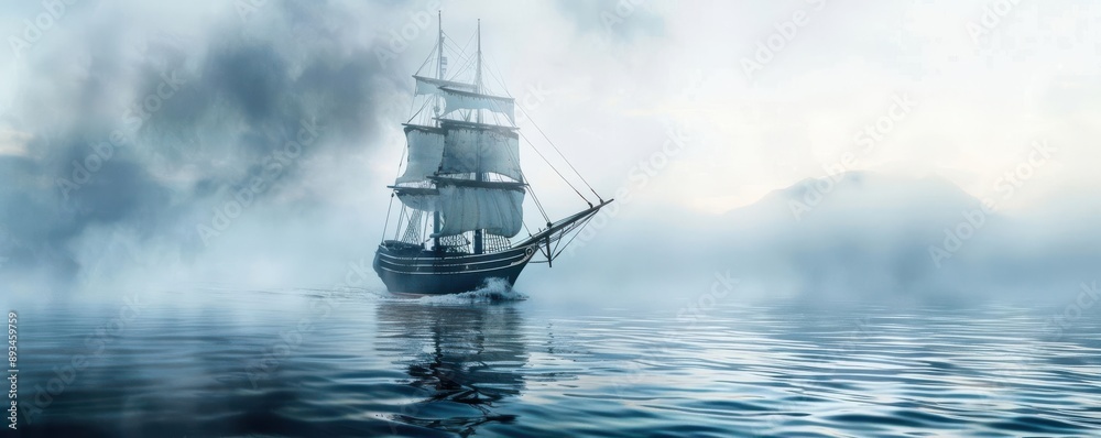 Ethereal ghost ship sailing through misty waters, creating a mystical atmosphere Ethereal ghost ship sailing through misty waters, creating a mystical atmosphere