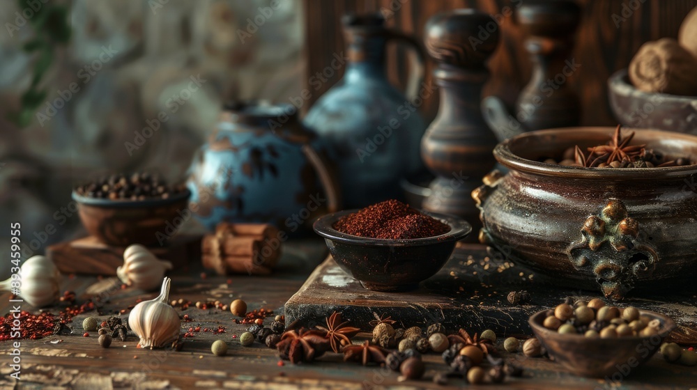 Assorted spices and herbs in rustic kitchen Assorted spices and herbs in rustic kitchen