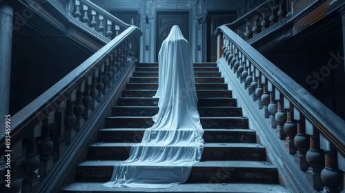 Ghostly figure in a long costume trailing down the stairs in a haunted setting
