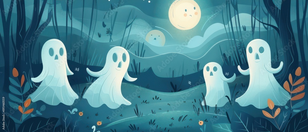 Whimsical ghosts in a serene, moonlit landscape Whimsical ghosts in a serene, moonlit landscape