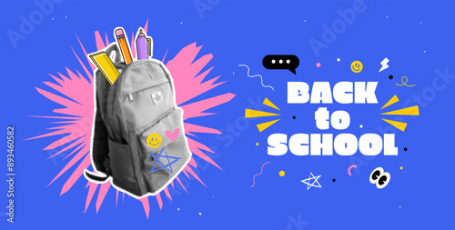 Back to school banner. Trending halftone collage style. Learning Concept. School backpack with 
stationery supplies