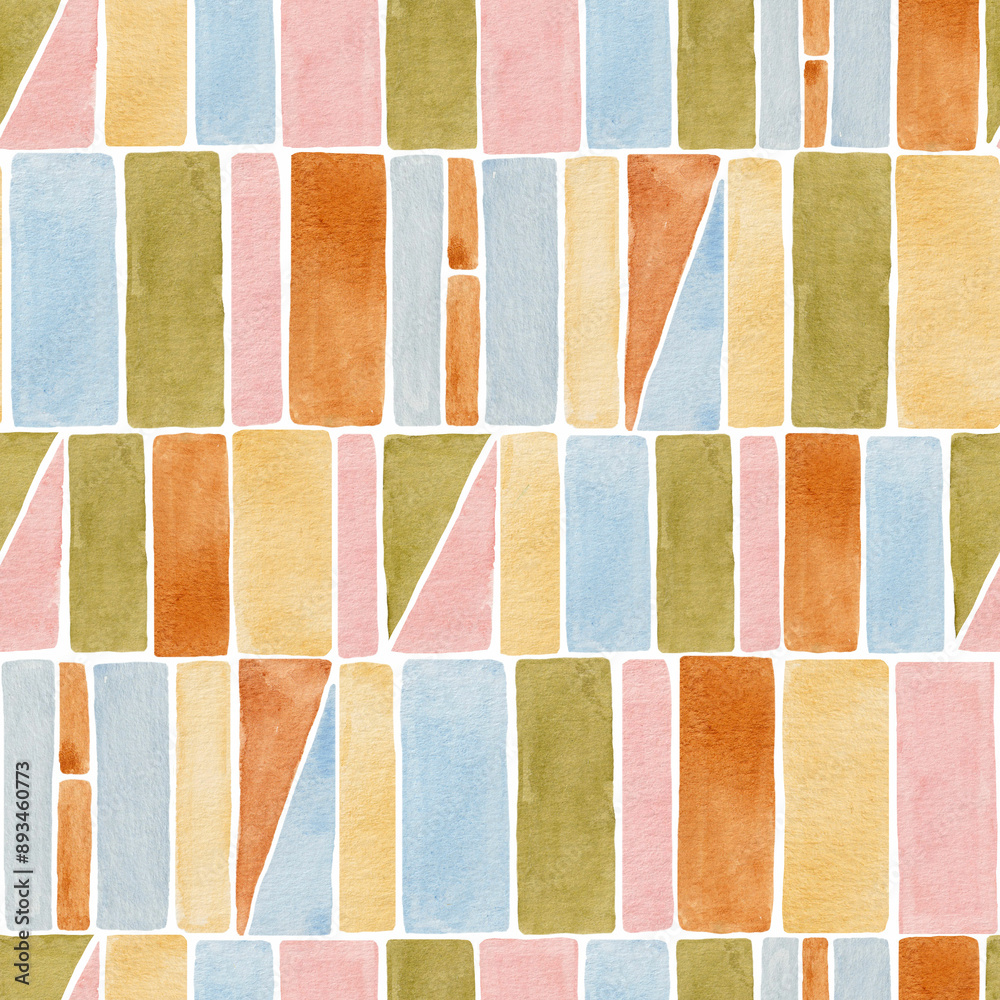 Fototapeta premium Beautiful abstract seamless pattern with colorful watercolor geometric ornament. Abstract patchwork print design. Stock illustration.