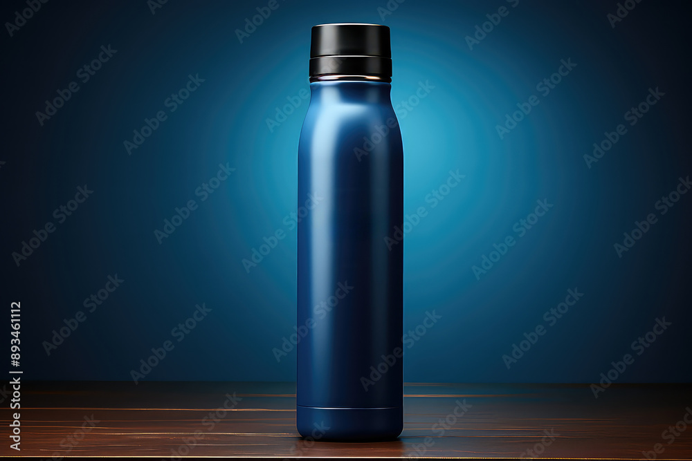 Blue metal thermos bottle mockup on wooden table Blue metal thermos bottle mockup on wooden table