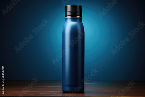 Blue metal thermos bottle mockup on wooden table