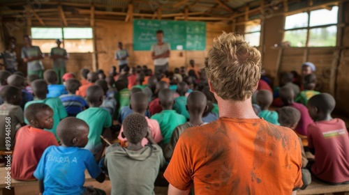 Group of African children sit attentively on benches in classroom, facing teacher. Challenges and opportunities of education systems in Africa. Concept of volunteer movement, charity, help