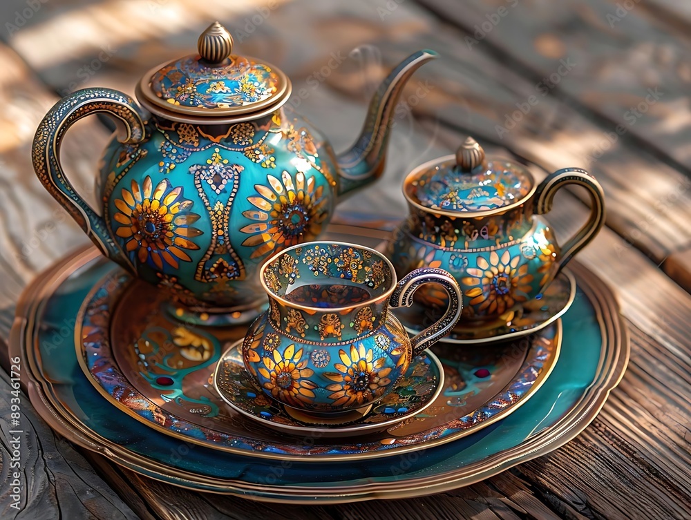 Ornate Teal and Gold Tea Set on Wooden Table - Photo