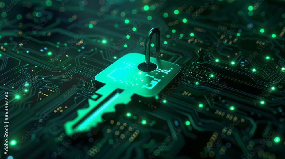 Glowing green digital key on a circuit board background symbolizing ...
