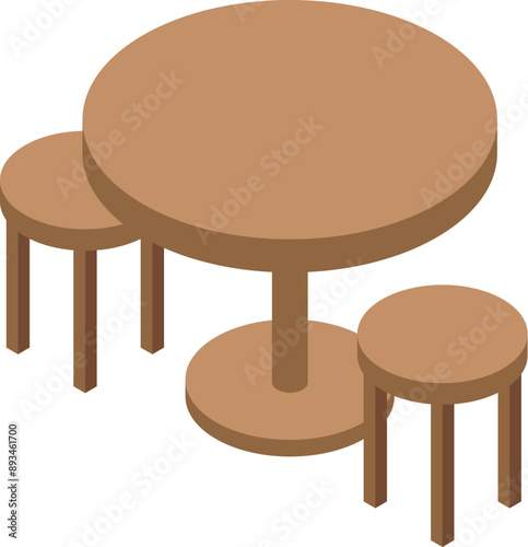Round wooden table and stools set on a white background, isometric view