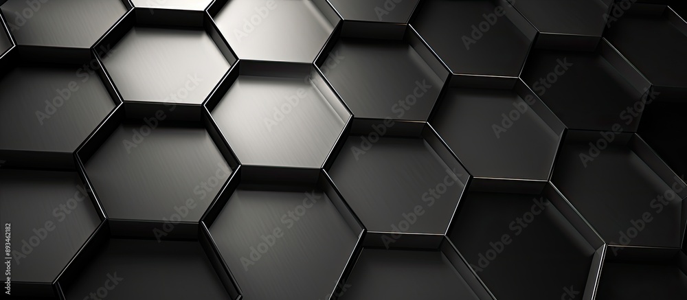 Close-up image of a textured black background, featuring a seamless pattern of silver or stainless steel hexagons. Abstract art with a focus on objects, including a copy space image. Close-up image of a textured black background, featuring a seamless pattern of silver or stainless steel hexagons. Abstract art with a focus on objects, including a copy space image.