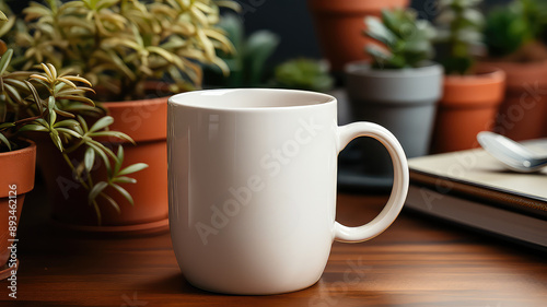 Mug of coffee mockup with plant on wooden table