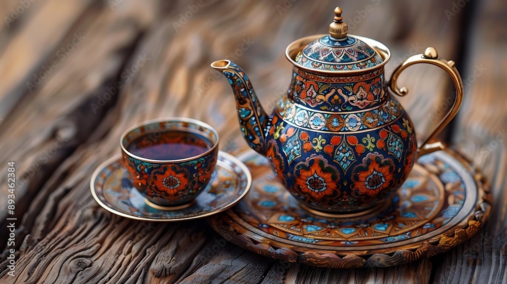 Ornate Teapot and Cup on Wooden Table - Illustration Ornate Teapot and Cup on Wooden Table - Illustration