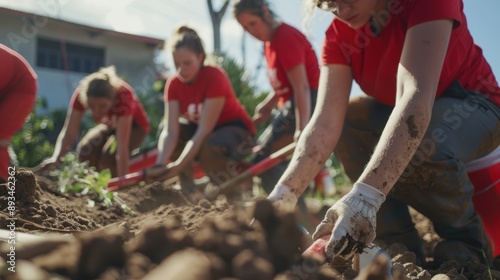 Volunteers in red shirts and gloves work together in garden, planting seedlings in soil. Commitment to environmental and community projects. Concept of volunteer movement, donations, charity and help