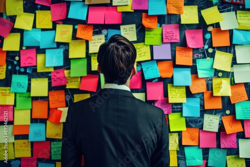 Businessman immersed in a creative brainstorming session with colorful postit notes, vibrant and innovative