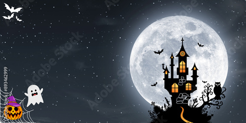 night illustration with big full moon with haunted house, bat and spider web photo