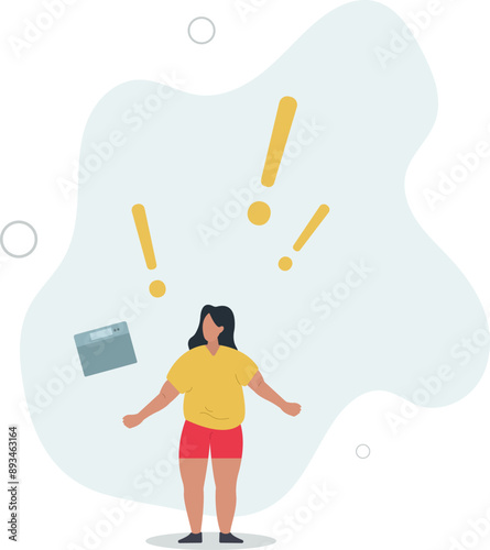 Unhappy obese people. Overweight woman stand on scales and unpleasantly surprised.flat design.illustration with people.