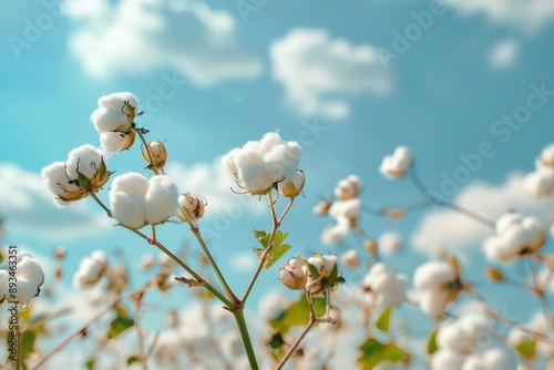 Bountiful harvest: cotton field plantation, portraying rows of cotton plants under clear sky, emphasizing importance of agriculture in textile production, serene beauty of rural life. © Ruslan Batiuk