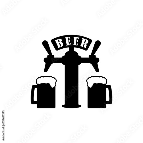 Beer pump with tap and handle. Pouring in beer mug. Vector illustration on white background.