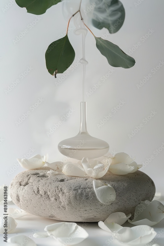 Décoration zen avec diffuseur, eucalyptus et pétales blancs Décoration zen avec diffuseur, eucalyptus et pétales blancs