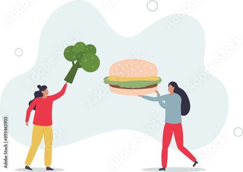 Unhealthy nutrition concept. Diet and ration, active and sedentary lifestyle. Vegetarians against fast food.flat design.illustration with people.