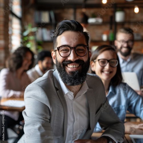 Businessman surrounded by diverse team members, inclusivity and collaboration, modern corporate culture