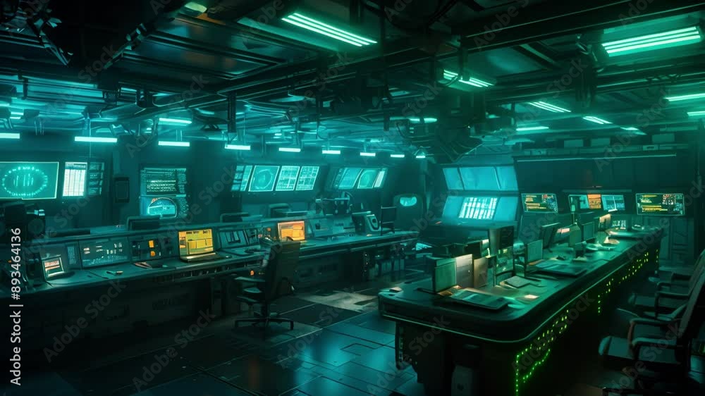 Futuristic Control Room with Blue and Green Lighting