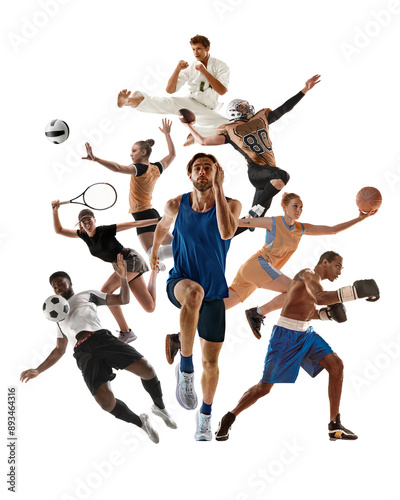 Vertical creative collage. Dynamic image of men and women, athletes of different sport in motion showing skills and determination isolated on white background. Sport, competition, tournament concept photo