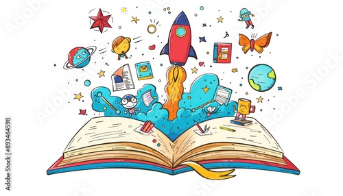 Cartoon vector illustration of an open book with school icons, doodle style.