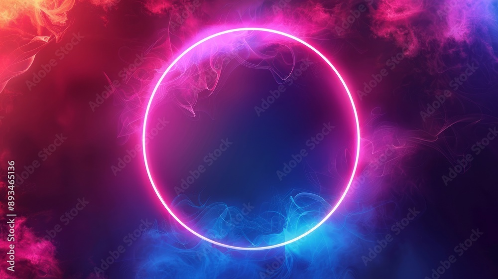 Obraz premium Abstract neon background with glowing oval shape and spinning cloud. Blank geometric frame