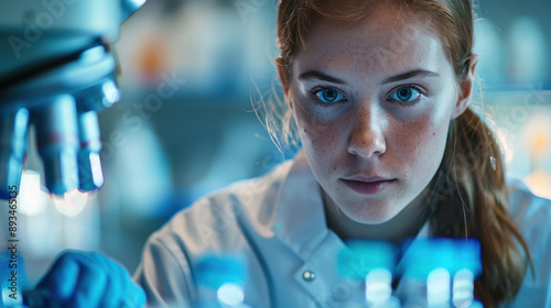 Young scientist in a laboratory intently conducting research, with a microscope and various scientific equipment in the background.