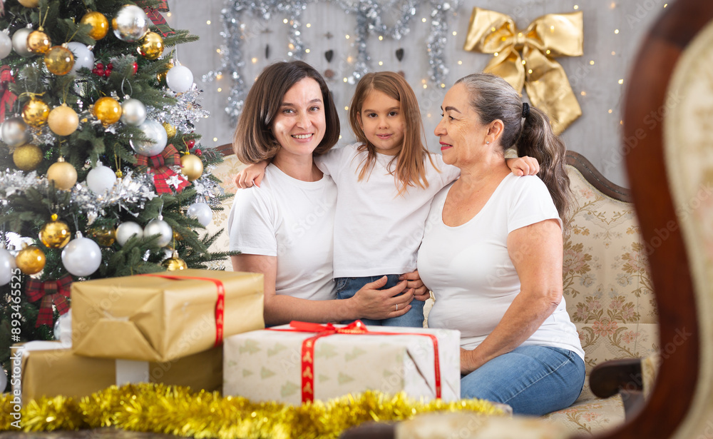 Fototapeta premium Grandmother mom and daughter on sofa in Christmas interior