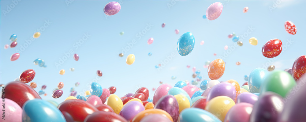 Colored easter eggs fly against blue sky Colored easter eggs fly against blue sky