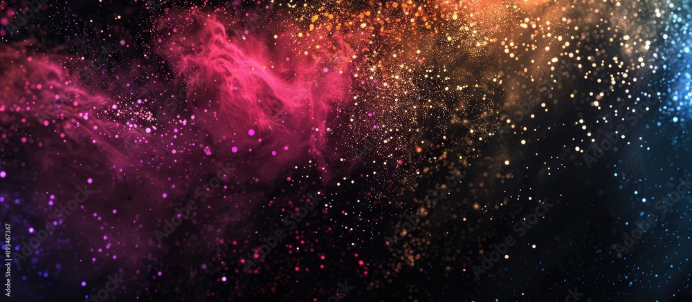 Naklejka premium Colorful powder splattered on a black backdrop with a frozen motion effect, displaying a multicolored glittery texture in a copy space image.